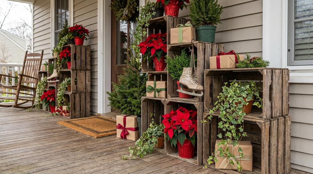 A vertical garden design using stacked wooden crates in asymmetrical configurations, filled with poinsettias, evergreens, and decorative elements like gift boxes and vintage skates, ideal for small porch spaces.