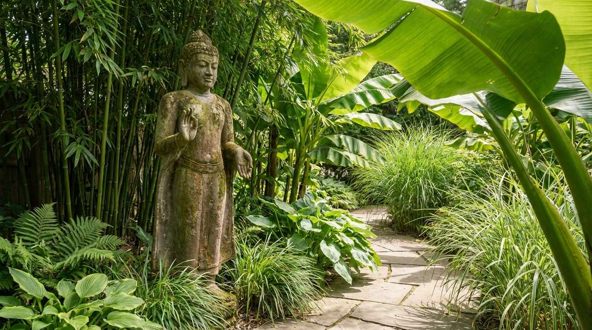 A tall standing Thai Buddha statue with elongated earlobes and blessing hand gestures, featuring ornate crowns and detailed robes in Southeast Asian style. Ideal for garden entrances or pathways, made of stone that develops a natural patina, measuring 36-50 inches. Pairs well with bamboo or tropical foliage for a harmonious spiritual garden decor.