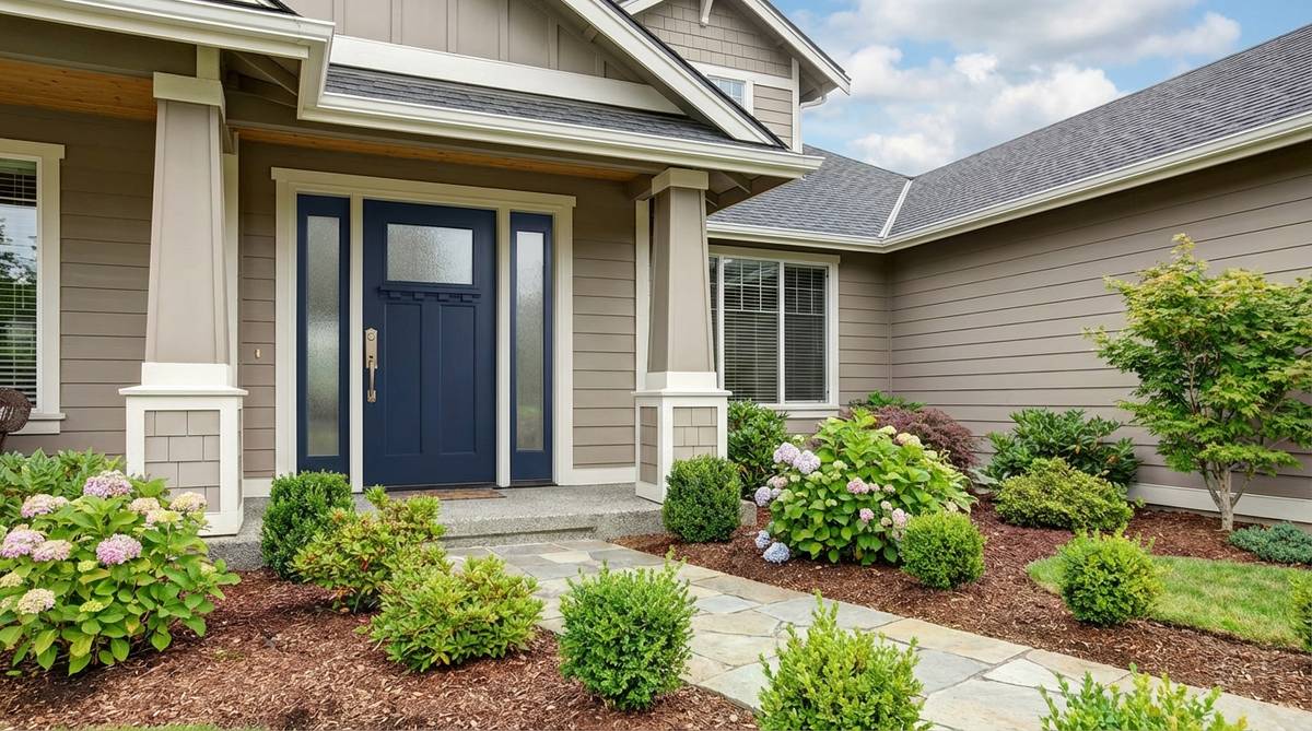 A statement front door in a bold color like navy, emerald, or burnt orange, featuring upgraded hardware such as substantial handlesets and glass inserts or sidelights to enhance natural light in the entry hall.