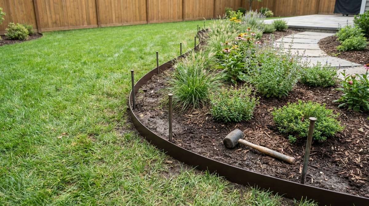 Flexible steel landscape edging strips installed vertically between lawn and garden beds, showing clean edges that prevent grass encroachment with minimal visual presence. The image demonstrates proper installation using a rubber mallet and stakes, with powder-coated or galvanized finishes that resist corrosion underground.