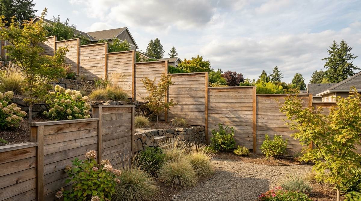 A stepped fence designed for sloped gardens, featuring horizontal panels that step down to follow terrain changes while maintaining a consistent top height, ideal for hillside properties with elevation variations.