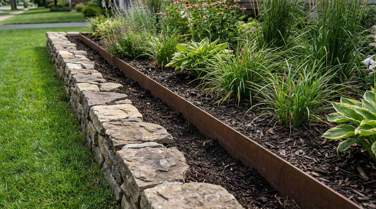 A modern garden edging design featuring natural stone borders with Cor-ten steel strips installed behind them. The steel provides structural support to contain mulch and soil while remaining hidden, allowing the stone to be the visual focal point. The installation shows a 4-inch gap between the steel and stone filled with soil, creating a clean separation between the planting bed and stone border.