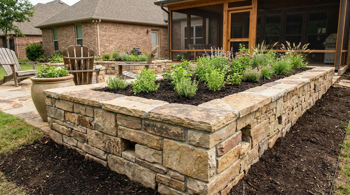 A modern garden bed featuring stacked flagstone or brick masonry construction that creates heirloom-quality beds lasting generations. The natural stone blends seamlessly with both traditional and contemporary architecture, providing substantial visual weight. Dry-stack construction allows for seasonal adjustments, while mortared joints offer earthquake-resistant permanence. The thermal mass of the stone moderates soil temperature fluctuations for optimal plant growth.
