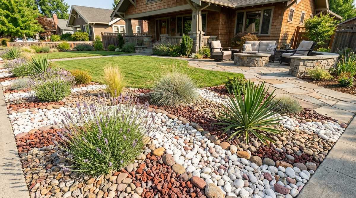 A decorative stone mulch bed in a garden, featuring colored aggregates like white, red, black, or earth tones used as permanent mulch to eliminate organic replacement needs. The image shows proper application with landscape fabric and 2-3 inch depth, highlighting its benefits for heat-loving plants and durability against wind and decomposition.