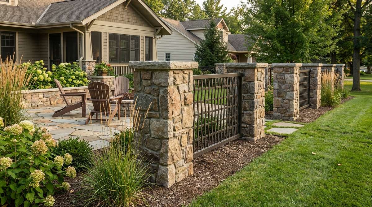 A small garden fence featuring sturdy stone pillars spaced at intervals with elegant metal infill panels, blending durability and transparency to define boundaries while allowing airflow and light in compact outdoor spaces.
