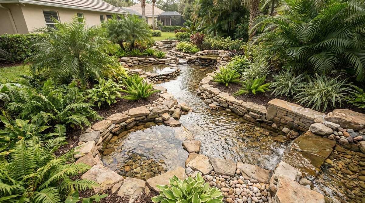 A manufactured stream winds through tropical planting beds, creating multiple water interaction zones with varying widths from 12 to 36 inches. The design includes shallow sections where birds can bathe among the lush plantings, with pump systems recirculating water from catch basins.