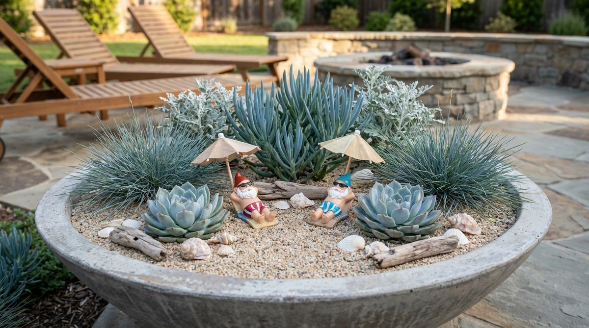 A wide, shallow planter filled with sand-colored gravel, blue-toned plants, and miniature gnomes in beachwear creates a coastal garden scene. Featuring succulents, blue fescue, and silver-leafed plants that mimic water and dunes, this decorative planter includes miniature umbrellas, shells, and lounging gnomes. Perfect for outdoor seating areas, this drought-tolerant setup brings relaxed vacation energy to any yard with minimal maintenance.