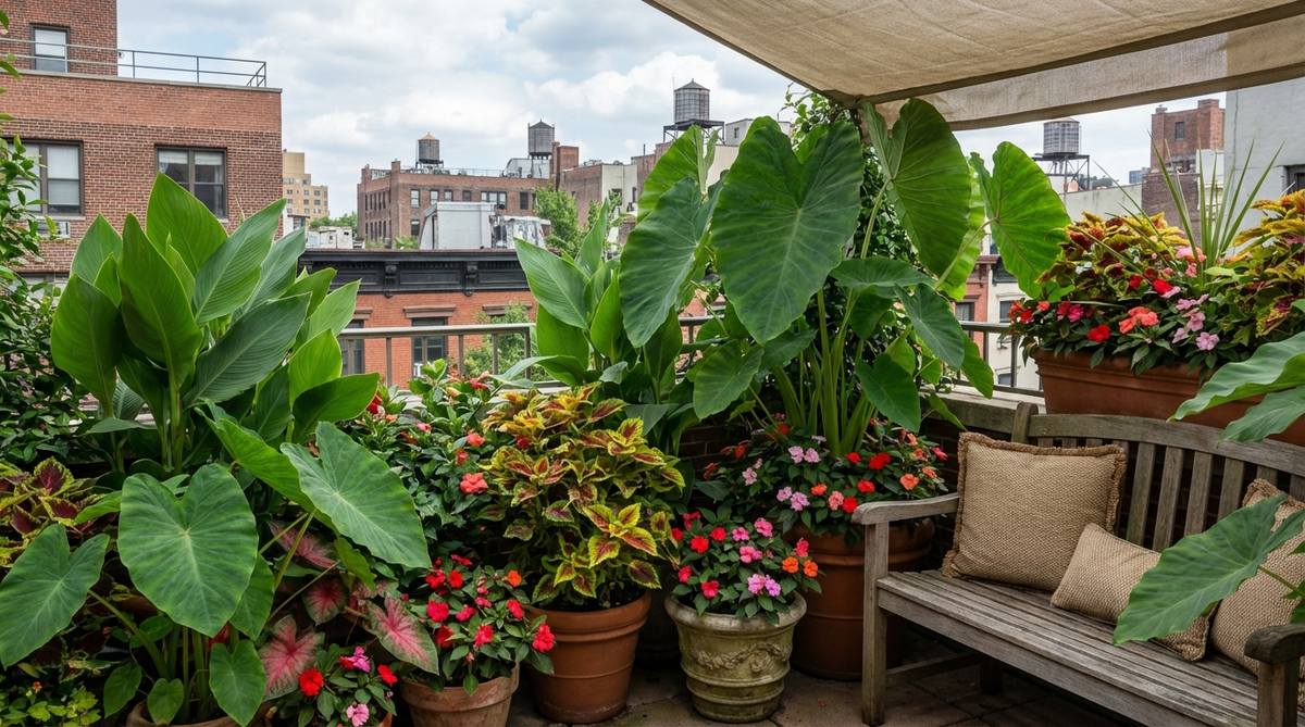 A lush balcony garden in NYC featuring bold tropical foliage plants like elephant ears, cannas, and caladiums creating a jungle effect from June through September. Bright coleus and impatiens add layered color. The plants require consistent moisture and weekly fertilization, with afternoon shade to prevent leaf scorch. Tubers and bulbs are overwintered indoors for annual replanting after the last frost.