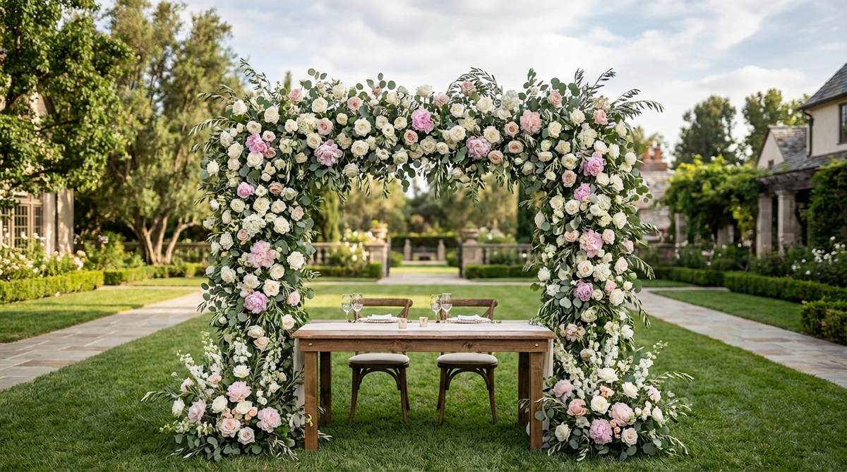 A romantic sweetheart table for a wedding couple, featuring a dramatic oversized floral backdrop measuring 8-10 feet wide and 6-8 feet tall. This focal point installation frames the couple during the reception and serves as an attractive background for toasts and photographs, suitable for outdoor decor weddings.