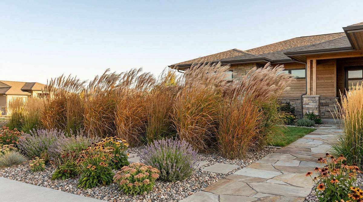 A modern front yard garden featuring tall screening grasses like Miscanthus or switchgrass forming a permeable privacy barrier. The planting mass filters views without solid enclosure, with seasonal movement and color changes keeping the screen visually dynamic. Wind animates the grasses, adding auditory interest through rustling foliage. Plant spacing of 24 to 36 inches allows individual clumps to fill without creating gaps, creating a living screen that requires less maintenance than traditional hedge pruning.