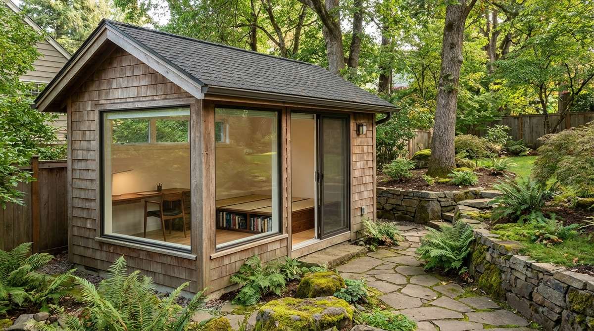A compact writing retreat inspired by Japanese tea house tranquility, featuring a built-in desk perpendicular to a window for indirect natural light, sound-dampening construction for quiet concentration, and under-floor book storage beneath raised tatami platforms for space-efficient library shelving.