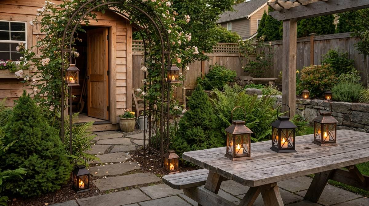 Miniature metal or resin lanterns designed for battery-operated tea lights, providing portable illumination for fairy gardens. Perfect for placing on tables, hanging from arbors, or positioning beside doorways. Features LED tea lights that mimic real candle flicker safely in outdoor settings.