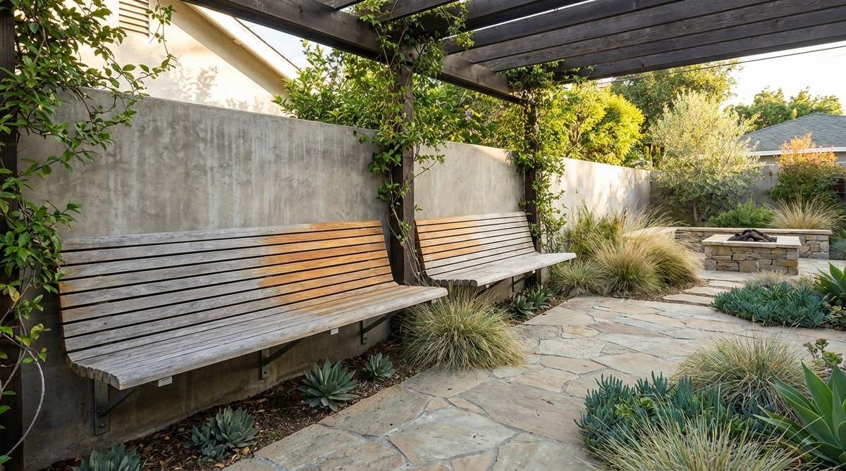 Horizontal wood slat benches with simple bracket supports, featuring clean lines that complement modern architecture while offering natural material warmth. Teak weathers to a silvery grey patina or maintains golden tones with annual oil treatments, ideal for positioning along walls or under pergolas to create defined resting spots in outdoor spaces.