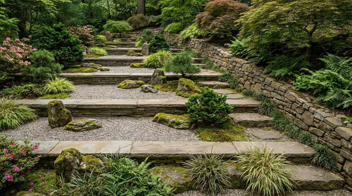 A terraced hillside in a Japanese Zen garden, featuring horizontal platforms stepping up a slope, each level adorned with carefully arranged stones and plantings. This design provides aesthetic appeal, erosion control, and architectural interest, making steep slopes accessible for detailed garden arrangements.