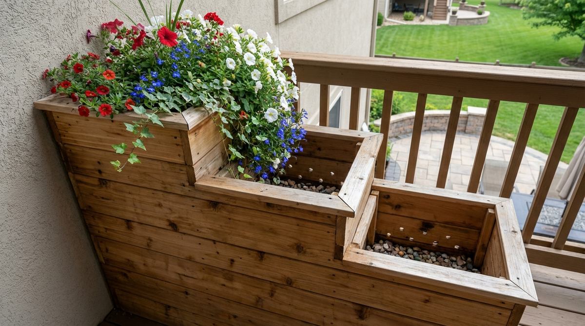 A set of three descending cedar planters arranged in a staircase profile on a balcony, with cascading flowers flowing from the top tier to lower levels, creating distinct planting zones with proper drainage.