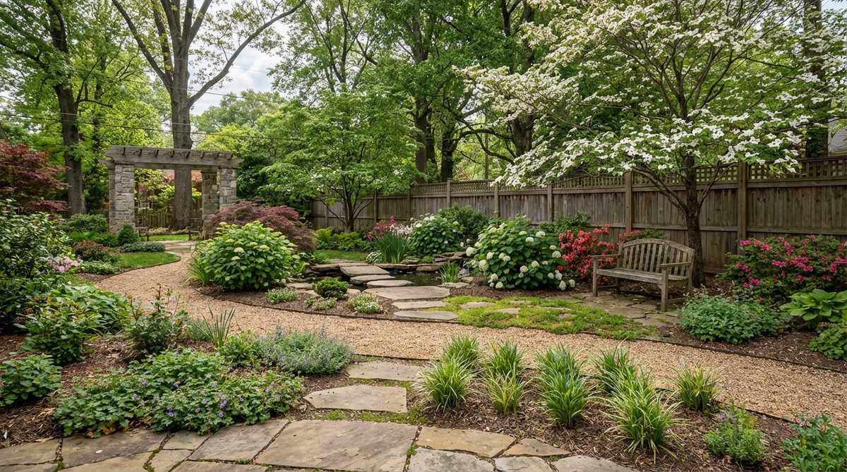 A diagram illustrating the three-zone depth layering technique in Japanese gardens, showing foreground with small plants and stones, midground with shrubs and water features, and background with tall trees and structures to create depth.