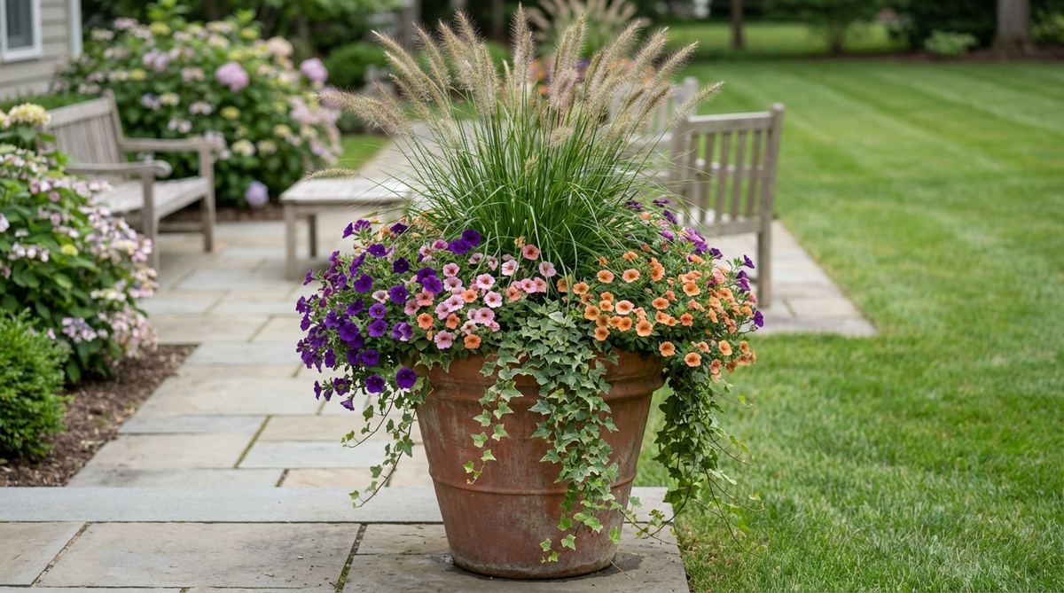 A large urn showcasing the classic thriller-filler-spiller formula for spring outdoor decor, featuring vertical ornamental grass as the thriller, calibrachoa in multiple harmonious hues as filler, and trailing ivy as the spiller, arranged with professional polish and asymmetric interest.