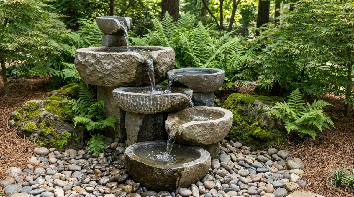 A vertical stack of stone basins in a Japanese garden, with water cascading from one bowl to the next, creating layered splashing sounds and controlled water patterns. The design features multiple stone types and carving styles, suitable for smaller spaces.