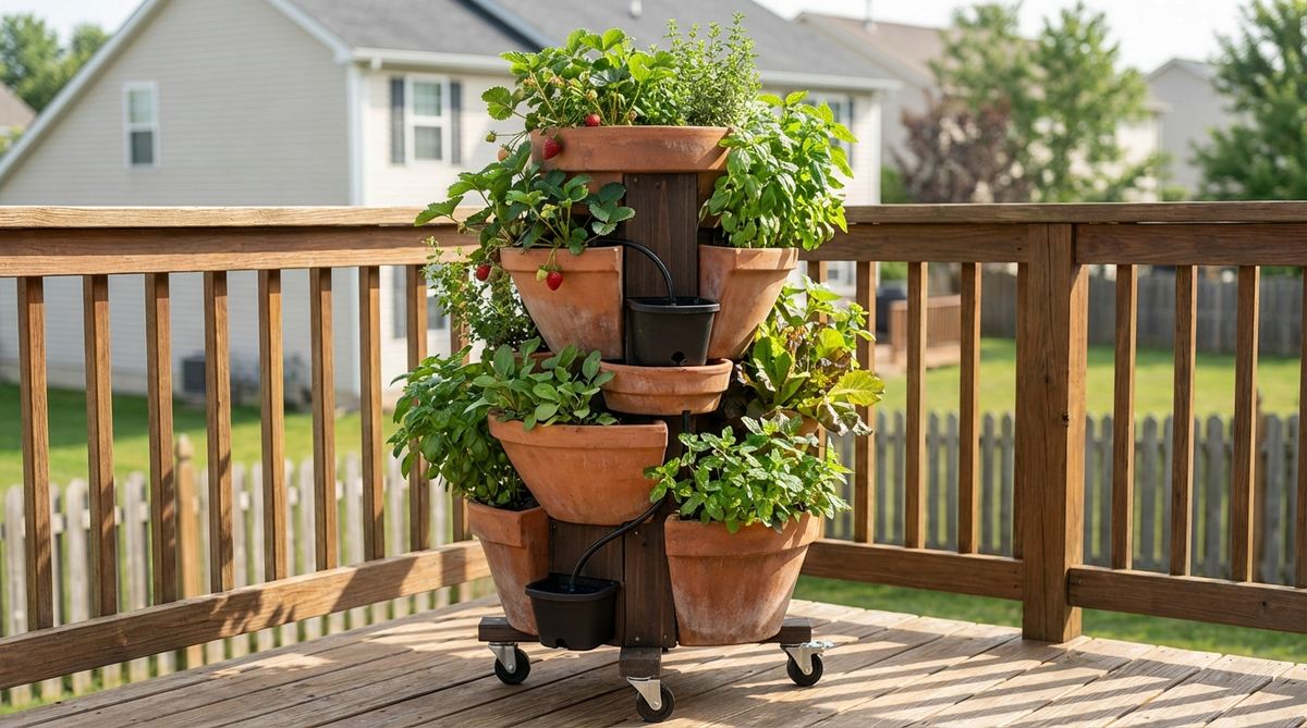 A vertical tiered tower planter with graduated planting pockets spiraling around a central column, ideal for growing strawberries, herbs, or salad greens in small balcony spaces. Features bottom reservoirs and overflow channels for efficient water distribution, with removable wheels for easy repositioning to maximize sunlight.