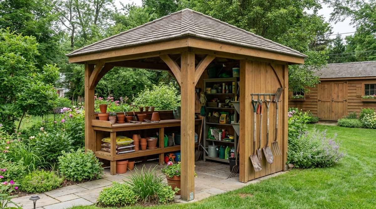A 6x6 foot covered workspace gazebo designed for small garden sheds, featuring potting benches, tool racks, and supply storage under weather protection. It provides natural ventilation to prevent moisture buildup on metal tools, keeping gardeners comfortable during planting and maintenance tasks.