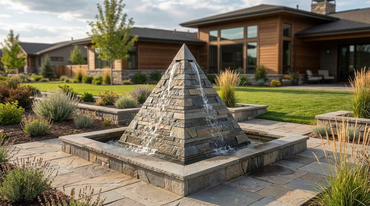 A three-sided pyramidal stone fountain with water flowing from the apex down each triangular face, creating dynamic geometry and serving as a bold focal point in contemporary gardens. The design features precise stone cutting for clean edges and stable stacking, with each face catching light differently throughout the day.