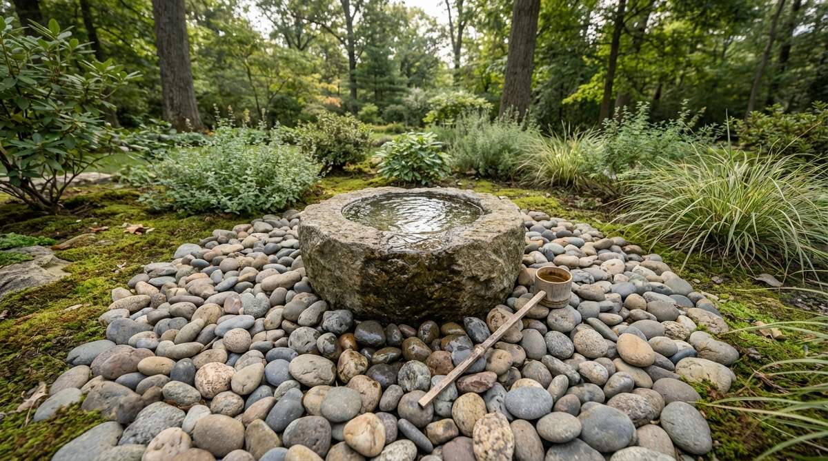 A low stone water basin in a minimalist garden setting, positioned on a bed of river rocks with a bamboo ladle nearby. The basin serves as both a functional element for ritual cleansing and a symbolic feature, creating tranquil water sounds that enhance the garden's peaceful atmosphere.