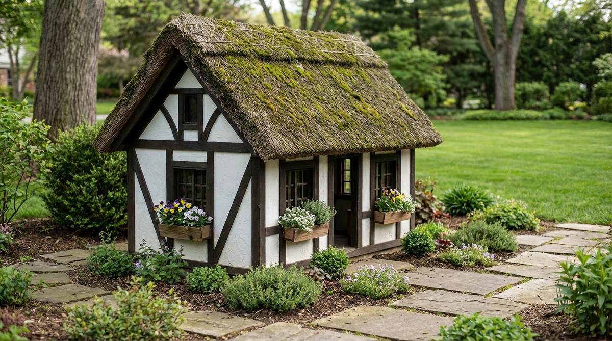 A miniature Tudor-style shop with half-timbered black beams against white walls, featuring window boxes filled with tiny flowering plants and a moss-covered roof for an aged appearance, set in a mini garden context.