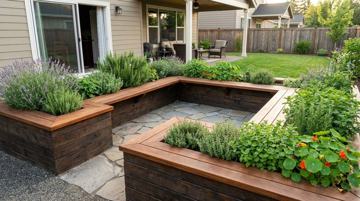 Three raised garden beds arranged in a U-shape with smooth board caps that double as bench seating, creating an outdoor room that integrates with indoor living areas. Features perennial herbs and edible flowers planted within arm's reach for convenient harvesting during outdoor meals.
