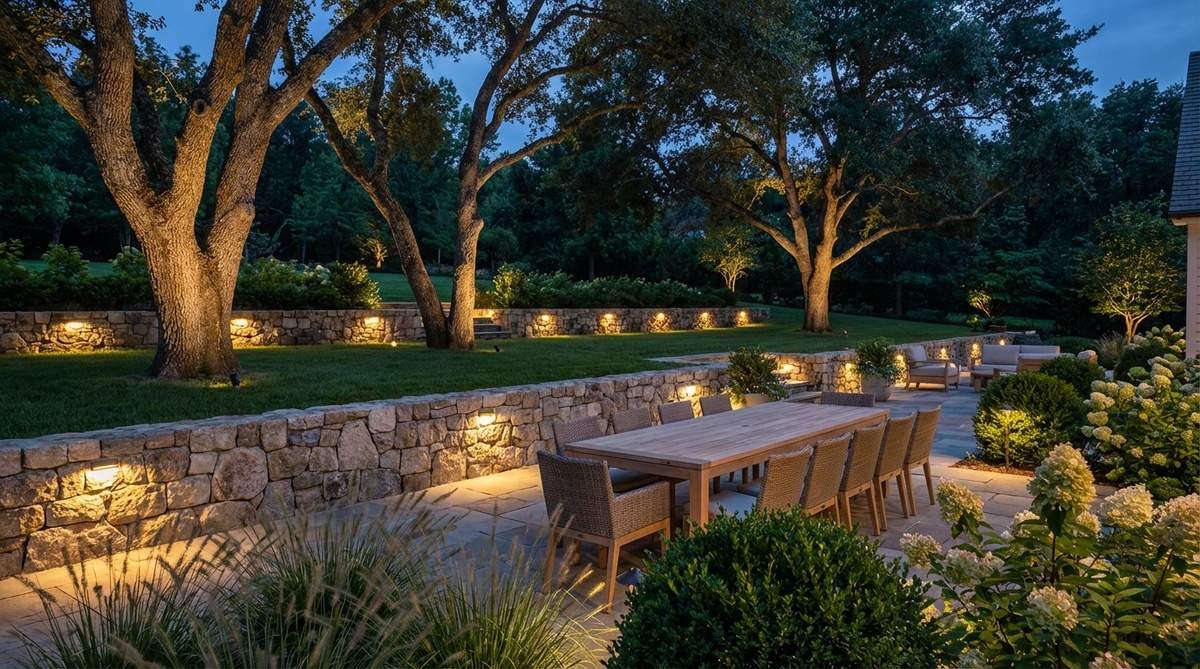 Low-voltage landscape lights positioned to wash garden walls, tree trunks, or architectural features near a modern garden table, creating ambient glow without glare. This uplighting technique expands perceived space and showcases garden plantings that frame the dining experience.