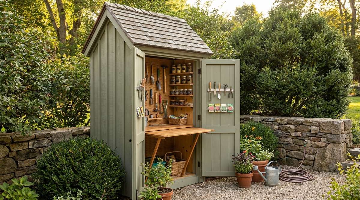 A narrow vertical tool locker structure measuring 3-4 feet wide and 7-8 feet tall, maximizing storage in tight garden shed spaces. Features interior organization with floor-to-ceiling pegboards, narrow shelving, and magnetic strips for hand tools, seed packets, and small supplies. Includes a fold-down counter for temporary work surface and exterior board-and-batten siding with a steeply pitched roof.