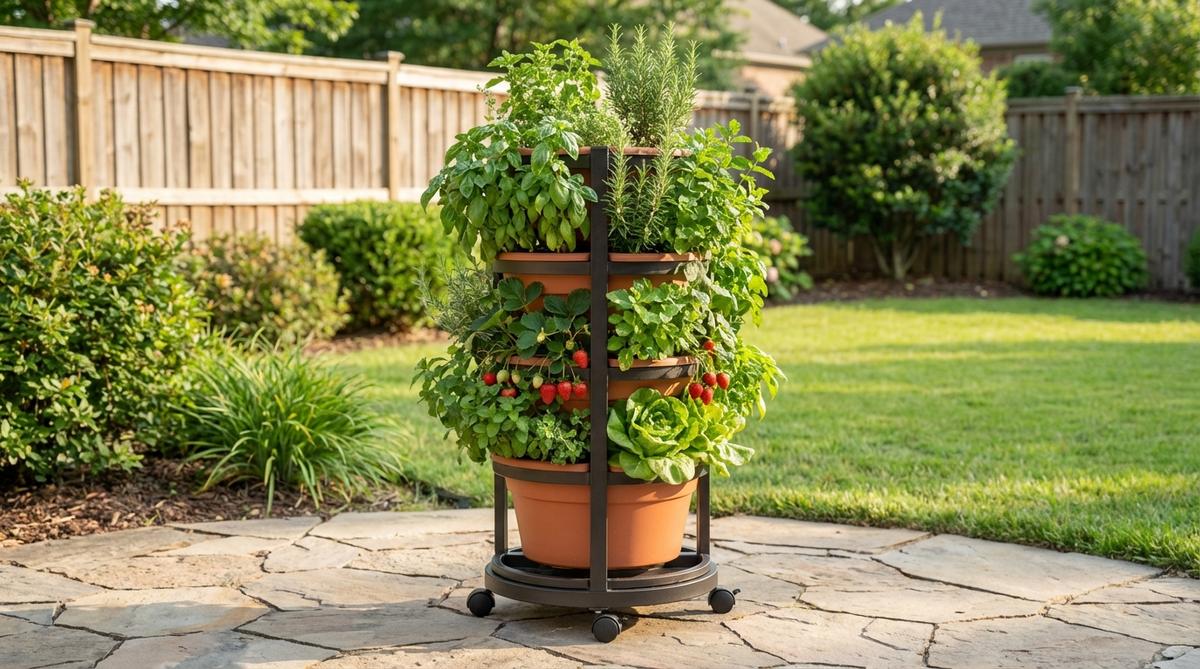 A freestanding vertical tower planter with rotating system for even sun exposure, ideal for growing herbs, strawberries, or lettuce in compact outdoor spaces.