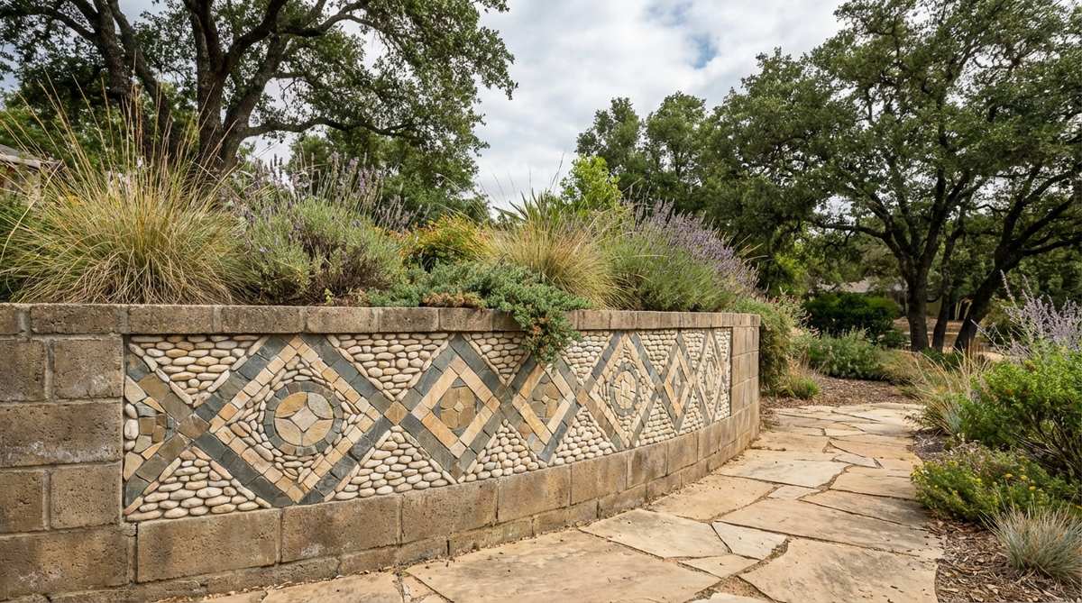 A stone mosaic applied to a vertical garden wall or raised bed facade, featuring geometric patterns with smaller, lighter stones to reduce weight load. This installation transforms plain retaining walls into artistic focal points, adding textural interest and enabling larger-scale imagery visible from a distance.