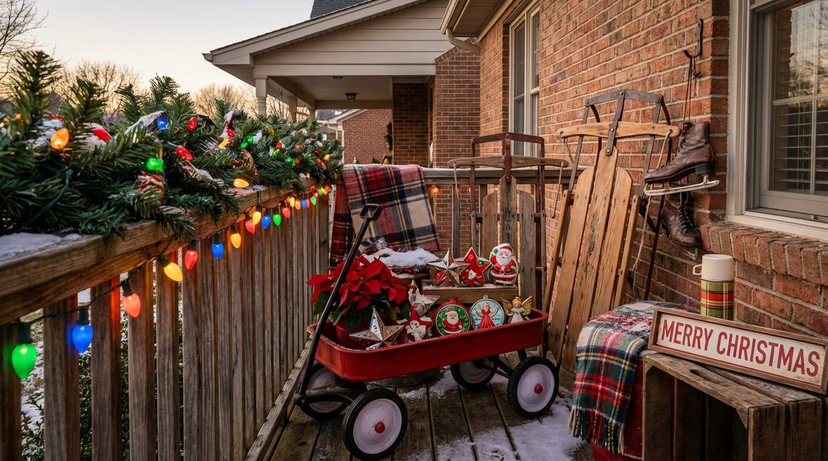 A vintage-inspired Christmas balcony decorated with nostalgic Americana elements including multicolor C9 bulb lights, antique sleds, reproduction tin ornaments, and retro props like red wagons and old ice skates, evoking mid-century holiday traditions with warm colors and sentimental appeal.