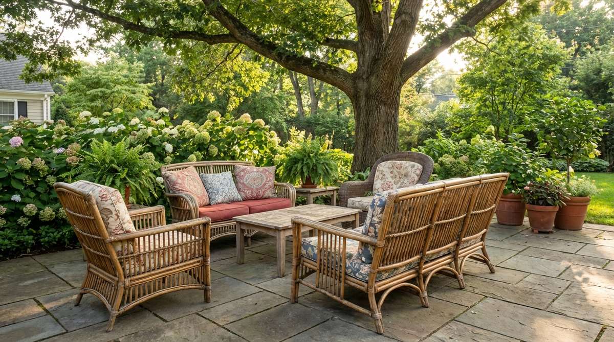 A collection of authentic vintage rattan chairs and loveseats with organic curved forms and aged patina, featuring natural color variations and weave patterns. Mixed pieces from different eras create an eclectic, collected-over-time look, complemented by removable seat cushions in fabric patterns for comfort and easy cleaning, ideal for boho decorations party settings.
