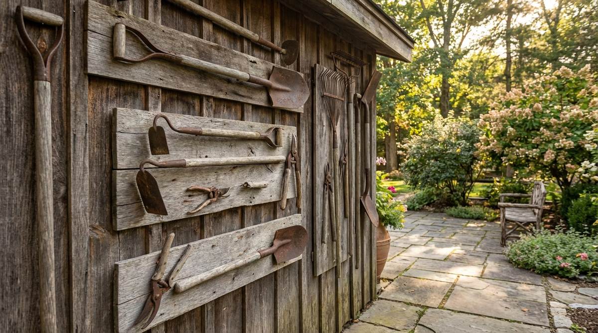 Antique garden tools like spades, hoes, rakes, and pruners mounted on weathered boards as functional art, creating rustic compositions with aged wood handles and oxidized metal for visual rhythm in garden decor.