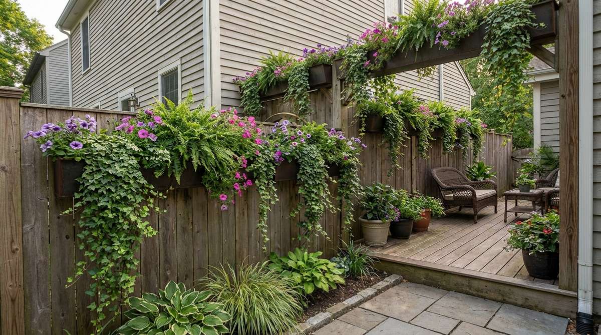 A vertical garden setup with lightweight wall-mounted planters attached to a fence or building wall, featuring trailing plants like ivy or petunias cascading down to soften hard surfaces and maximize space on a narrow deck.
