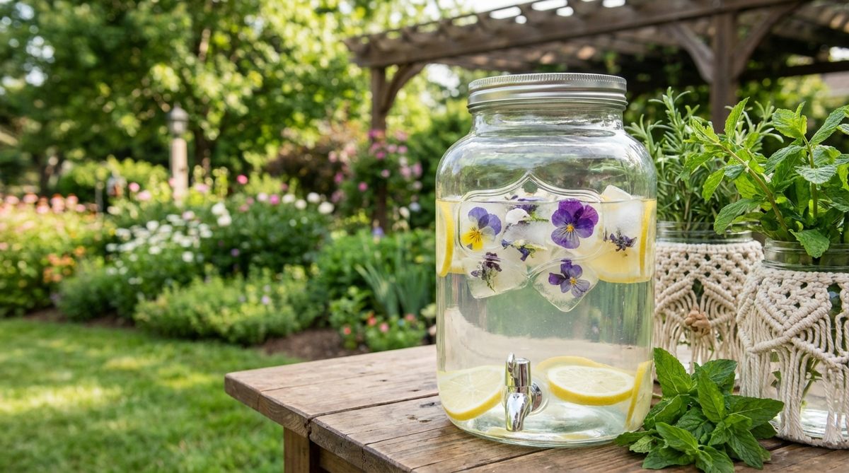 Edible wildflowers like pansies and violets frozen in clear ice cubes, floating in water or cocktail dispensers at a boho wedding. The frozen blooms slowly reveal through melting ice, adding natural visual interest to wedding beverages with minimal effort.