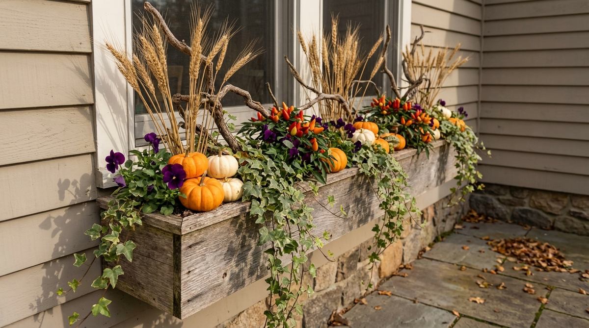 A window box transformed for autumn with small pumpkins as anchor elements, surrounded by trailing ivy, purple pansies, and ornamental peppers, enhanced with decorative branches or dried wheat stalks for height.