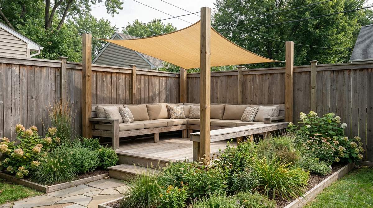 A raised platform with cushioned seating built against a fence, functioning as an outdoor window seat. The elevated design offers better views over planting beds, framed by vertical posts supporting an overhead canopy or shade sail for partial enclosure without permanent roof structures.