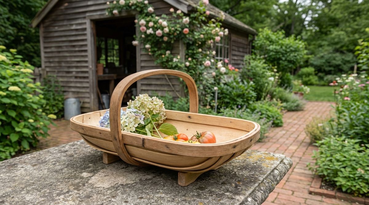 A traditional Sussex wooden potting trug handcrafted from bent wood strips, featuring a shallow oval shape and handle design that reflects centuries of English garden tradition. This vintage garden decor piece can be used for cut flowers and harvested produce or hung empty on shed walls as decorative rustic wall art.