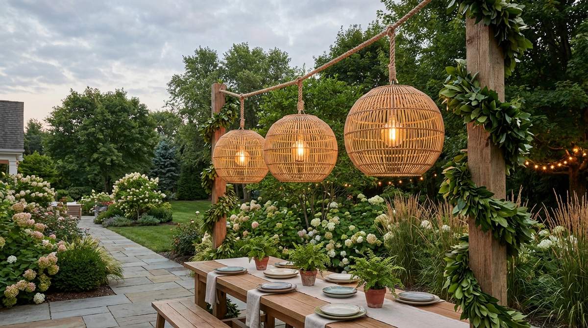 Natural fiber chandeliers suspended from custom wooden posts wrapped in laurel greenery, creating a bohemian garden wedding decor with soft diffused lighting and organic textures.