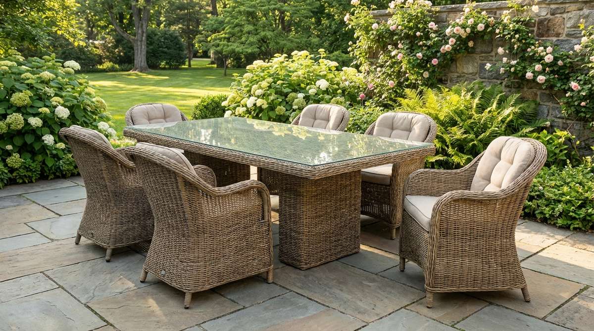 A full-size woven wicker dining table with glass or wood top, perfect for outdoor boho garden settings. Features wicker-wrapped base that adds texture and withstands weather while developing patina. Seats 6-8 people for casual elegant dinner parties.