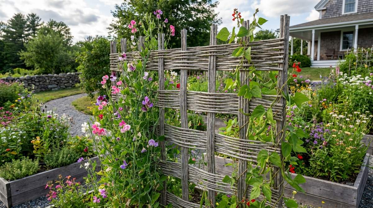 A rustic woven willow trellis panel supporting climbing plants like sweet peas or runner beans in a cottage garden setting. The natural willow branches weather to soft gray tones that blend organically with the garden environment, providing temporary support for 3-5 years with an informal aesthetic perfect for cottage garden design.