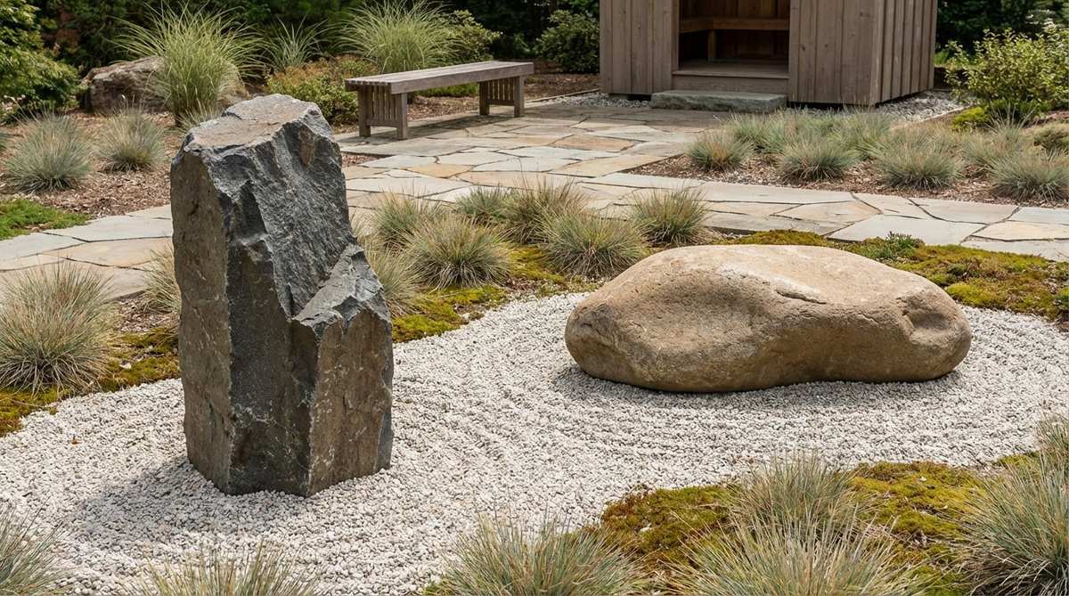 A pair of contrasting boulders in a Zen garden, representing complementary opposites with one vertical and angular stone and one horizontal and rounded stone, placed 6-10 feet apart to symbolize balance through opposition and provide rich contemplation material.