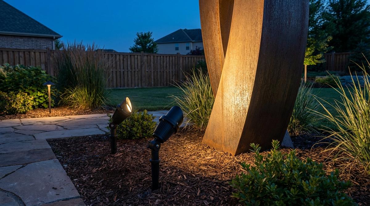 Directional spotlights illuminating a three-dimensional garden sculpture with focused beams, mounted on adjustable stakes to highlight form and surface texture with minimal light spill.