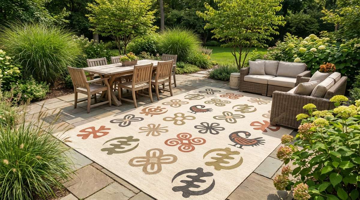A weather-resistant outdoor rug featuring traditional Adinkra symbols from Ghana, such as Sankofa and Gye Nyame, in muted earth tones against a neutral background, used to define dining or lounge areas in Afro Boho garden decor.