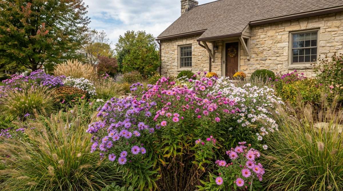 A vibrant display of native asters in full bloom during autumn, featuring daisy-like flowers in shades of purple, pink, and white. The plants are shown with dense branching and sturdy stems, surrounded by ornamental grasses for textural contrast, attracting late-season pollinators in a small garden cottage setting.