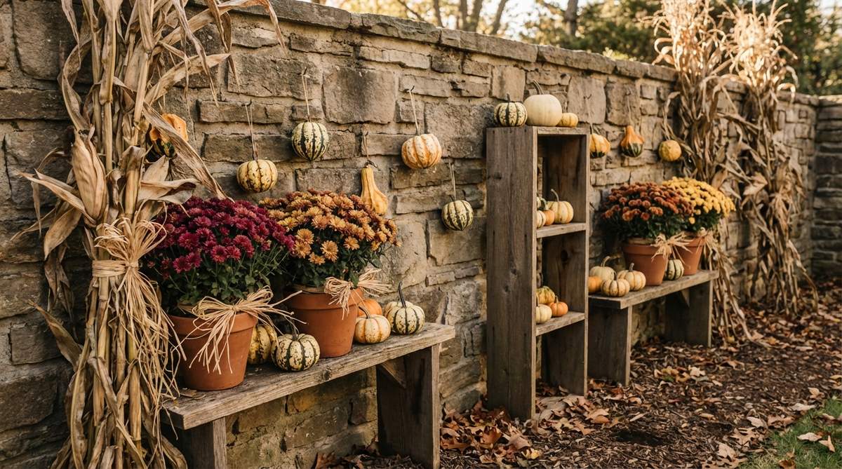 A decorative garden wall display featuring ornamental gourds, dried corn stalks, and fall-blooming asters in bronze, burgundy, and gold colors. Small gourds are attached to the wall using removable adhesive hooks or displayed on integrated shelving, creating a seasonal harvest theme that transitions the garden decor from summer to autumn.