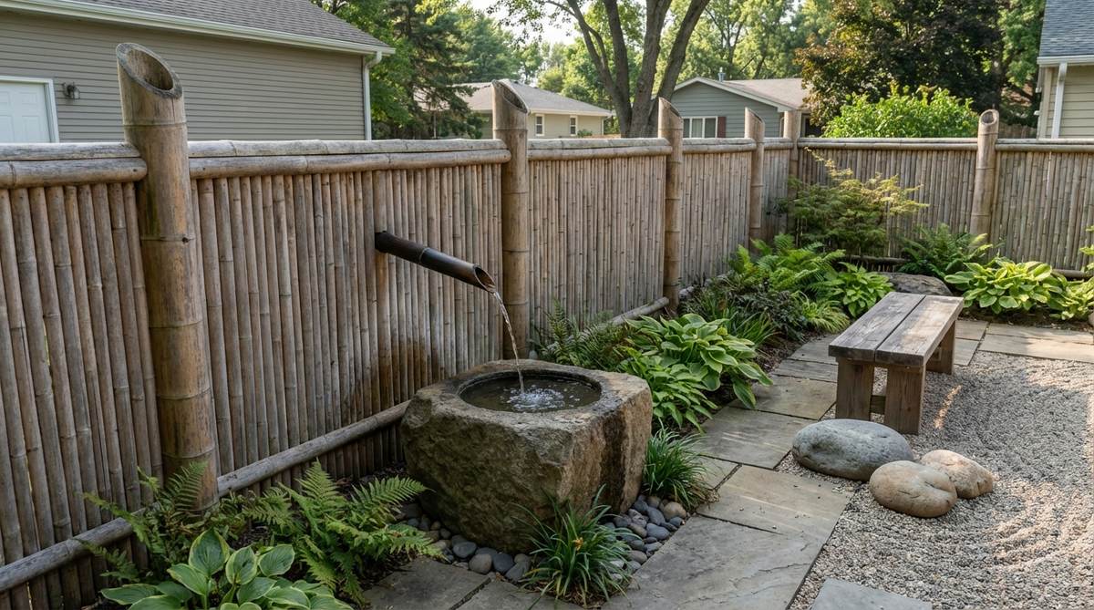 A bamboo fence with an integrated water fountain in a zen garden, showing water flowing from a spout into a collection basin. The plumbing is discreetly hidden within the hollow bamboo posts, creating a space-efficient vertical water feature that defines the garden boundary while maintaining ground space for planting beds.