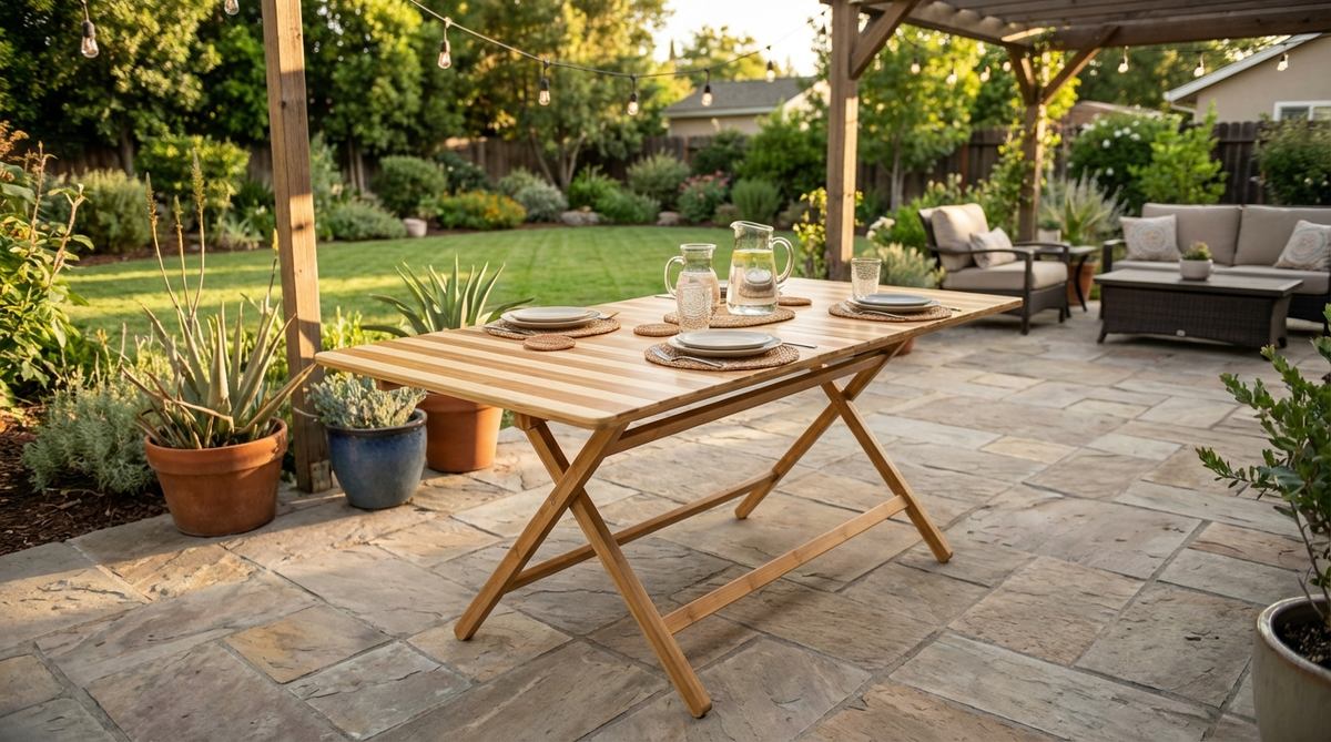 A portable bamboo folding table with collapsible legs, perfect for temporary surfaces for drinks and appetizers in boho garden settings. Features natural bamboo segments with striped visual patterns, durable and sustainable design that aligns with bohemian environmental values. Ideal for storing flat during off-seasons or deploying for large gatherings.